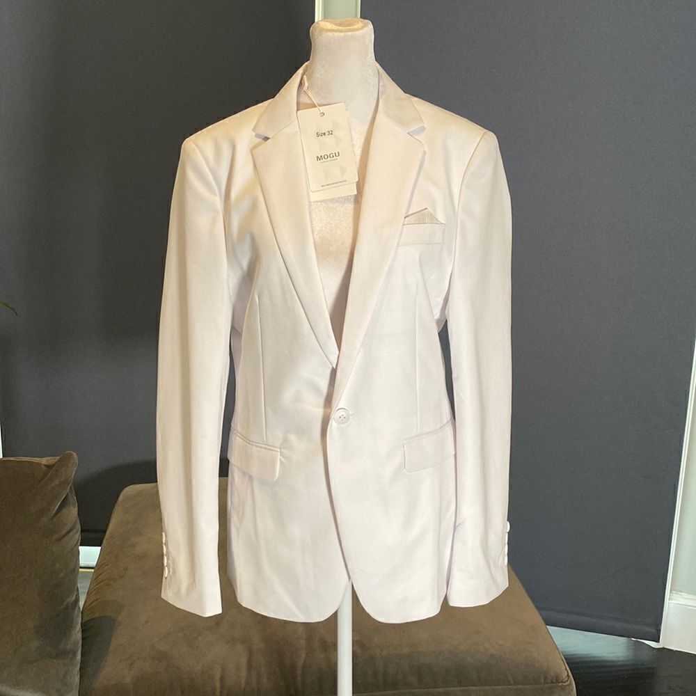 Men’s Mogu White Suit Jacket Blazer One Button Notched Lapel Size 32 NWT